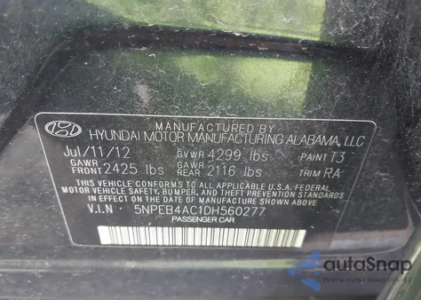 2013 Hyundai Sonata Gls from USA, damaged, VIN 5NPEB4AC1DH560277